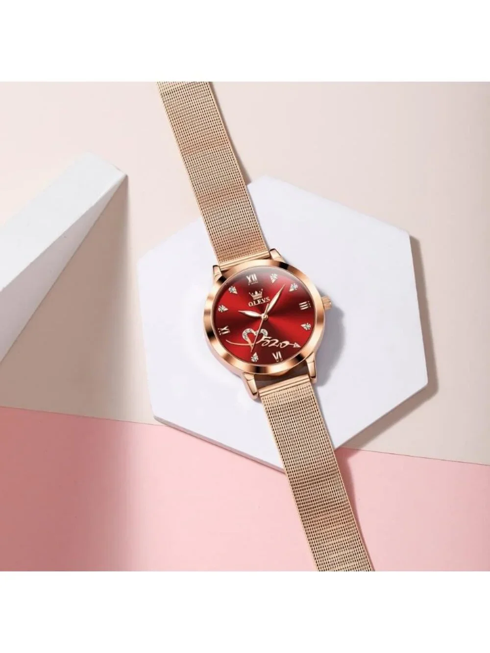 Women's Rose Gold Red Mesh Strap Fashion Dress Hearts Quartz Bracelet Sets Watch